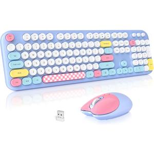 MOFII Wireless Keyboard and Mouse Combo, Cute Keyboard Full Size and Wireless Mouse, 2.4GHz Retro Typewriter Keyboard Mouse Set for PC/Desktop/Laptop/Windows (Pale Blue Colorful)