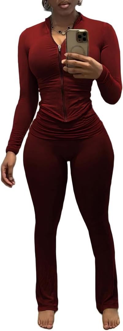 Nimsruc Two Piece Outfits For Women Workout Set Long Sleeve Tracksuit Zip Up Sweatsuits (Medium, Red)