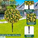 Fall Artificial Topiary Ball Trees with Spike Set of 2, Fall Faux Boxwood Plants for Outdoor Planters, UV Resistant Artificial Outdoor Shrubs, Fake Bushes for Porch, Garden, Patio Decor (B - Yellow Lilacs)