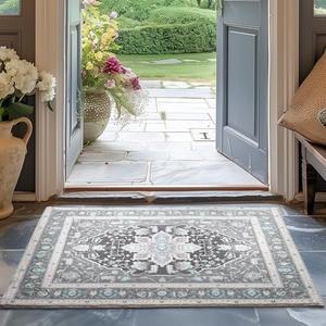 EVERGRACE Faux Wool Area Rugs 2'x 3' Boho Medallion Rugs for Living Room Indoor Outdoor Rugs for Bedroom Dining Room Entryway Kitchen Low Pile Washable Floor Mat Carpet, Misty Gray