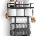 Wall Mounted Towel Rack for Bathroom - Bath Storage Holder Set Above Toilet, Rolled Towel Shelf Organizer, Wood Vertical Rack for Small Bathroom Decor, Black