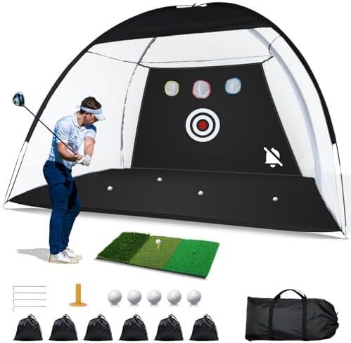 Golf Net with Noise Reduction Design,10x7ft Golf Nets for Backyard Driving Real Golf Balls,Golf Practice Net Indoor Outdoor with Tri-Turf Golf Mat for Golf Training Aid Chipping Swing Trainer