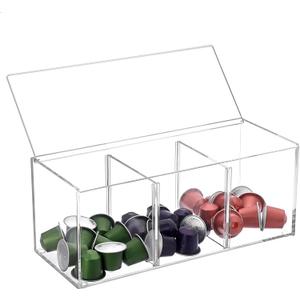 ELLDOO Acrylic Coffee Pod Organizer with Lid, 3-Compartment Tea Bags Sugar Packets Holder for Home Coffee Bar Office Counter