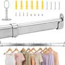 Closet Rods for Hanging Clothes, 34 to 62 Inches Stepless Extendable Stainless Steel Closet Pole, Heavy Duty Clothes Rod for Closet Wardrobes Laundry RV, Flat Oval, Chrome
