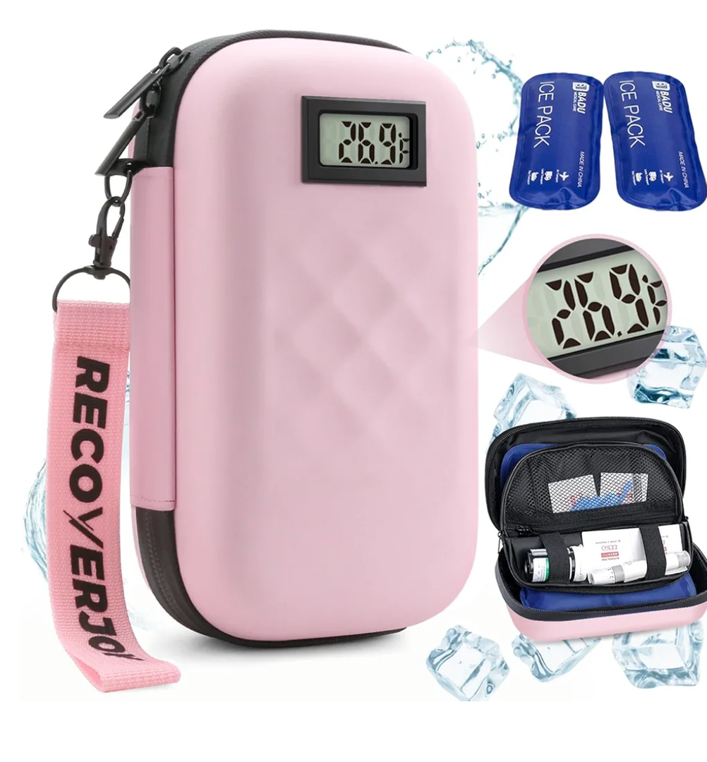 Insulin Cooler Travel Case Diabetic Medication Bag With Thermometer Temperature Display Medication Diabetic Cooler Travel Medicine Organizer Bag for women & 2 Ice Pack-Pink