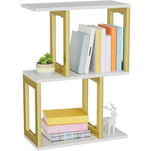 Book Shelf, 3-Tier Small Bookshelf for Desk Organizer Corner Bookshelf Table Top Shelving, White & Gold Decor Aesthetic Desk Hutch for Office Home Dorm