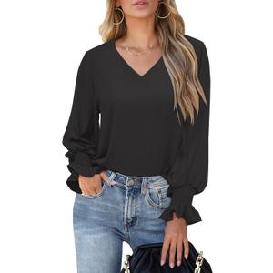 Aifer Womens Blouses Dressy Casual Tops V Neck Ruffle Balloon Long Sleeve Shirts Elegant Business Casual Outifts (Black, S)