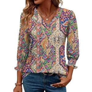 Rapbin 3/4 Length Sleeve Womens Tops Summer Trendy Puff-Sleeve V-Neck Blouses Dressy Casual Textured Smocked T-Shirt 2XL