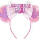 Handmade Birthday Mouse Ears Headband for Women Girls, Pink Happy Birthday Ears for Party Dress Up Decorations Hair Accessories
