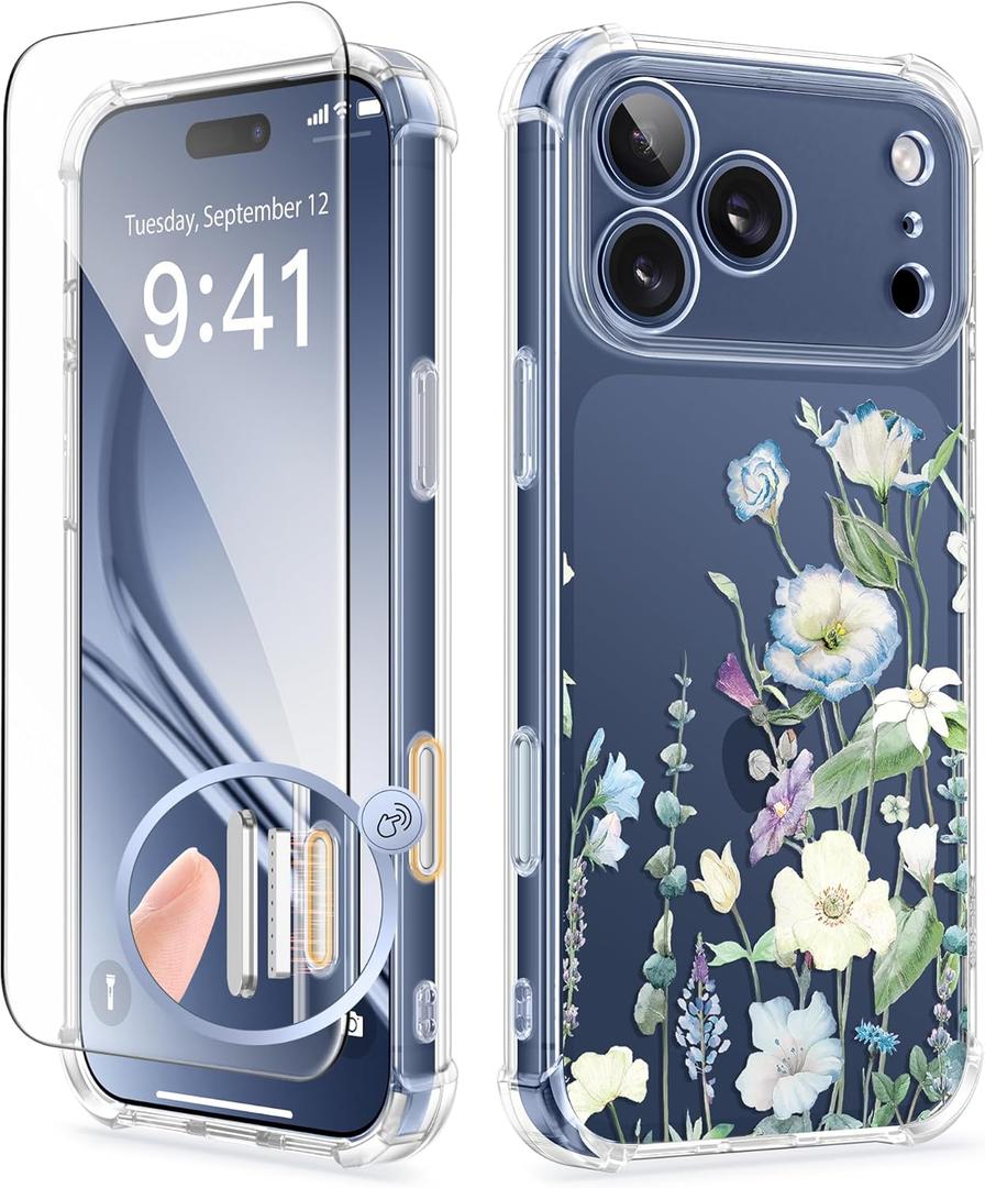 GVIEWIN for iPhone 17 Pro Case with Screen Protector, Upgraded [Full Camera Protection] [Non Yellowing] Floral Slim Shockproof Clear Women Phone Cover for iPhone 17 Pro 6.3" (Aquilegia/White)