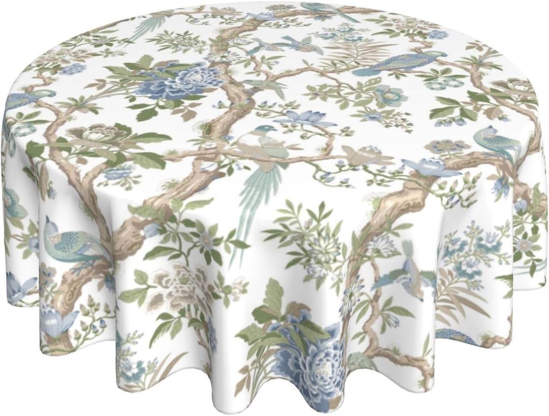 Blue Green Flower Bird Tablecloth 70 Inch Round Chinoiserie Floral Toile Table Cloth Spring Decorations Polyester Stain Resistance Round Table Cover for Party Picnic Kitchen Decor Outdoor