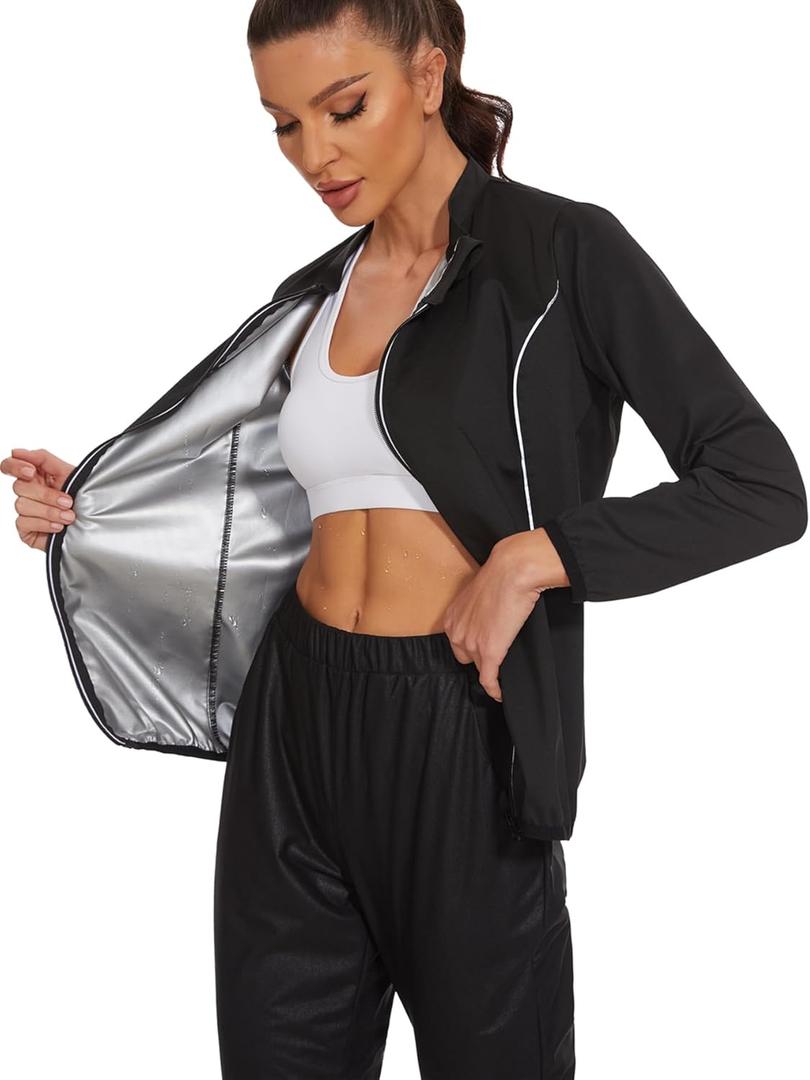 LAZAWG Sauna Suit Women Sweat Jacket Slimming Fitness Body Exercise Gym Running Only Top (X-Large, Black-5144)