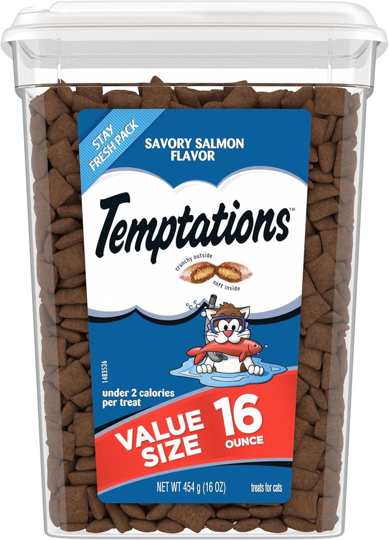 Temptations Classic Crunchy and Soft Cat Treats, Savory Salmon Flavor, 16 oz. Tub (1 Pound (Pack of 1))