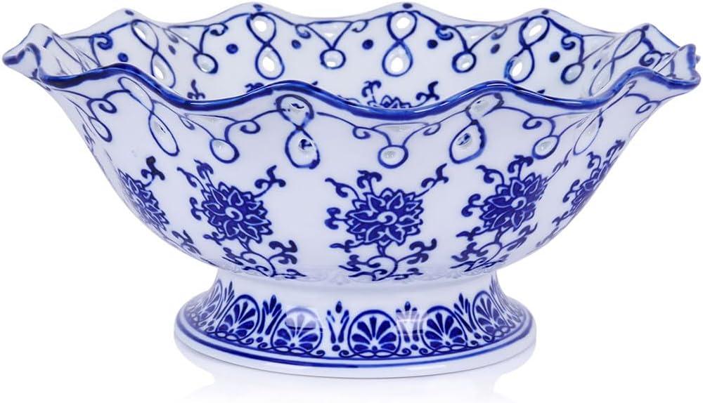 9.4in Blue and White Ceramic Fruit Bowl, Porcelain Decoration Bowl, Fruit Serving Plate, Storage Bowl, Decorative Pedestal Bowl for Table Countertop, Kitchen Island Centerpiece, Home Dining Decor