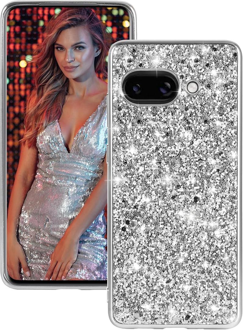 Silicone Case for Google Pixel 9A 5G Phone Case Glitter Sparkle Bling, Hybrid Matte Back Case High Impact Heavy Duty Shockproof Protective Cover for Google 9A Cute Case for Women 6.3-inch (Silver)
