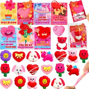 NAWITDA 28 Pack Valentines Day Cards for Kids Classroom, Kawaii Mochi Squishies Fidget Toys with Valentines Cards, Classroom Gift Exchange, School Party Favors for Boys Girls