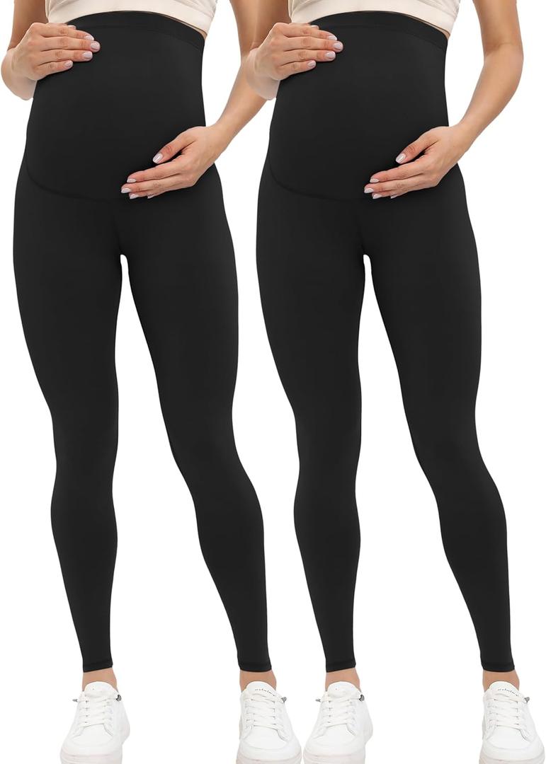 Buttergene Women's Maternity Leggings over the Belly Pregnancy Active Wear Workout Yoga Tights Pants (Large, 2pack Black*2)