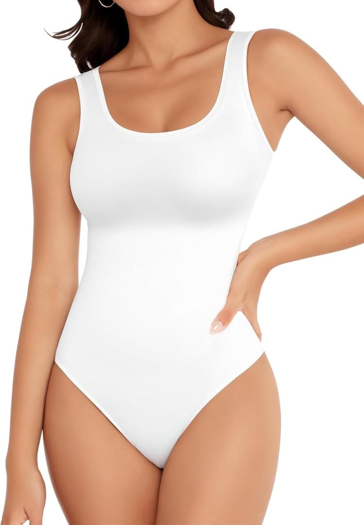 YOGINGO Women's Scoop Neck Sleeveless Bodysuits Backless Tank Top Body Suits for Womens Sexy Bodysuit Tops Leotards (White)