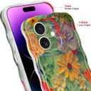 Jusy Compatible with iPhone 12, Colorful Retro Oil Painting Printed Flower Laser Glossy Pattern Cute Curly Wave Phone Case Soft TPU Cover for Girly Women - Green Yellow