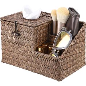 Sumnacon Square Woven Tissue Box Cover - Decorative Cube Tissue Box Holder with Side Organizer, Rustic Seagrass Tissue Box for Living Room Vanity Night Stand Table Countertop Office,Coffee