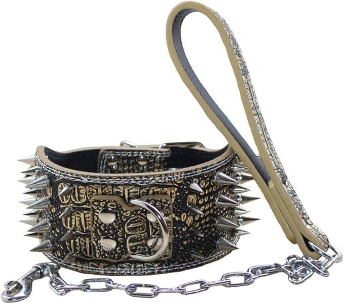 3 inches Wide Leather 4 Rows Spiked Studded Dog Collar + Dog Leash Lead Set Heavy Duty Fit Pit Bull Terrier Mastiff(Gold Brown,M)