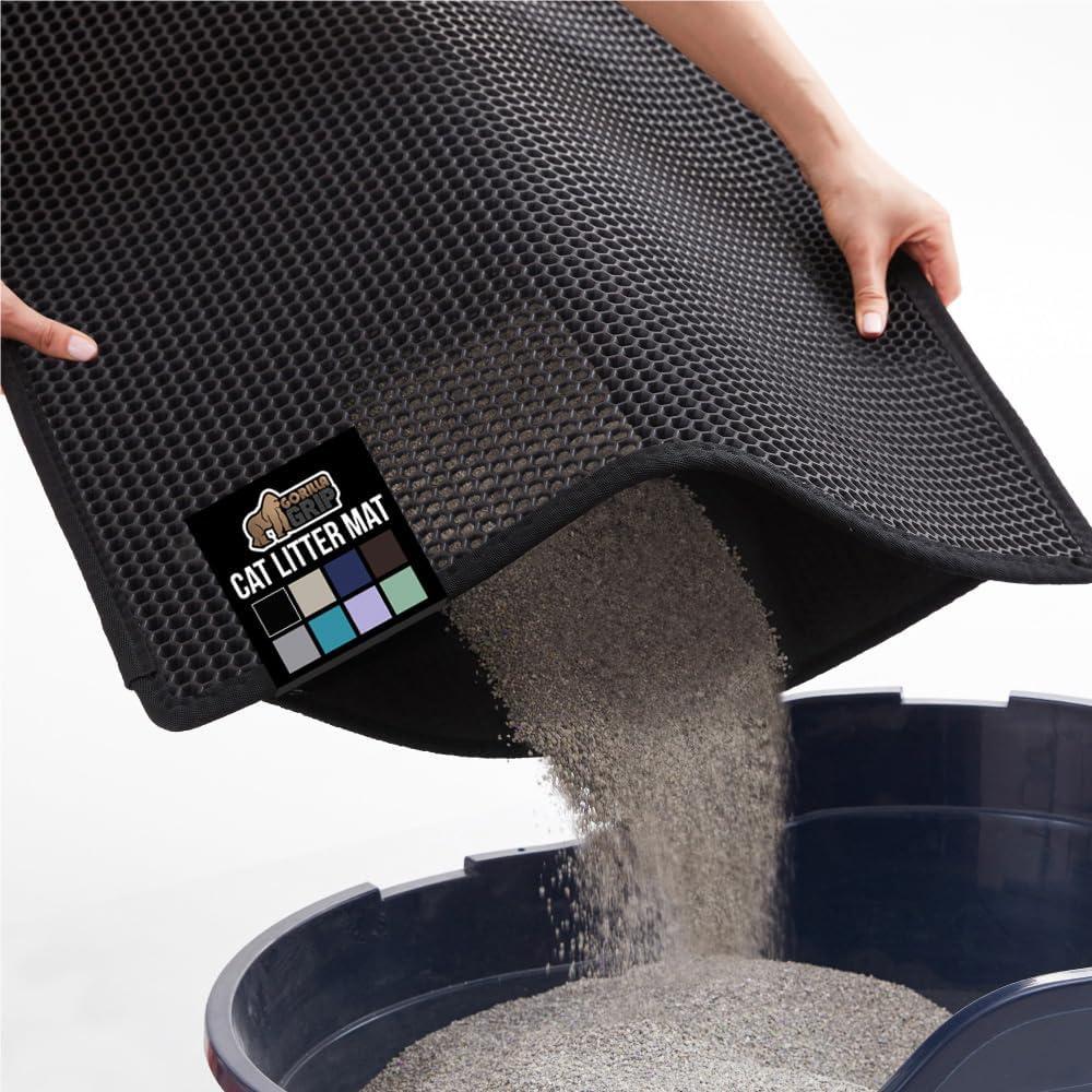 GORILLA GRIP Honeycomb Cat Litter Box Mat, Two Layer Trapping Waste Mats, Soft On Paws, Litter Box Supplies and Essentials for Indoor Cats, Traps Excess, Water Resistant for Floors, 30x24 Black