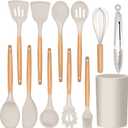 E-far Kitchen Utensils Set of 12, Silicone Cooking Utensils with Holder, Non-stick Cookware Friendly & Heat Resistant, Includes Spatula Tong Whisk Ladle Brush Slotted Turner Spoon(Khaki)