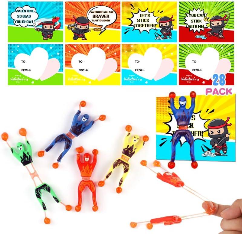28 Packs Valentines Day Sticky Wall Climbing Men Ninja with Gifts Cards Set for Boys, Stress Relief Toys for Kids Party Favor, Classroom Exchange Prizes, Valentine Greeting Cards