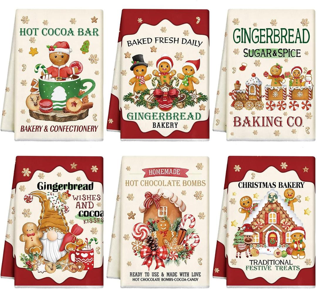 Hosuly 6 Pcs Christmas Kitchen Towels Christmas Gingerbread Man Dish Towel Funny Gingerbread Cookie Tea Towels Xmas Hot Cocoa Gnome Candy Hand Towels Housewarming Gifts for Kitchen Holiday Cooking