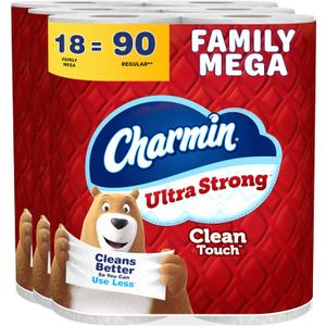 Charmin Ultra Strong Clean Touch 2-Ply Toilet Paper, 18 Family Mega Rolls = 90 Regular Rolls, White