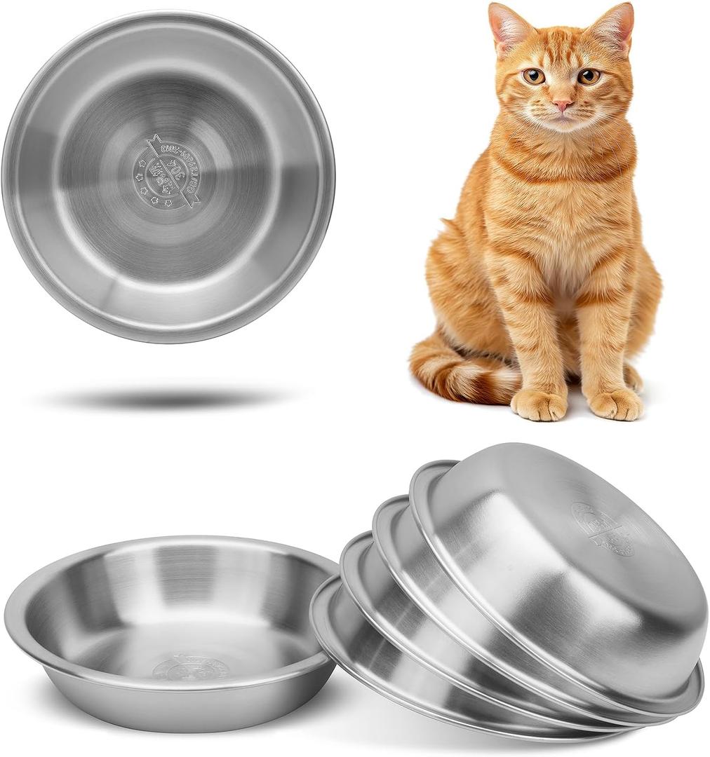 6 Pcs Stainless Steel Cat Bowls, Metal Cat Bowls Whisker Friendly, 5.5Inch Shallow Wide Cat Food Dishes, Replacement Basic Cat Plates
