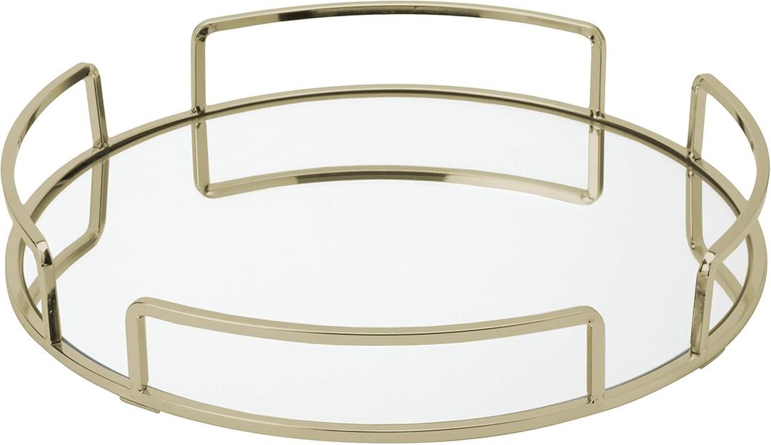 Home Details Rounded Mirrored Vanity Tray | Dimensions : 12.99" L x 12.99" W x 2.05" H | Glass Base | Great for Cosmetics | Jewelry | Toiletries | Organization | Stain Gold