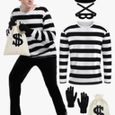 5 Pieces Halloween Costume Set, Men's Robber Costume Halloween Cosplay Burglar Accessories Striped Shirt for Adult (L)
