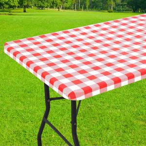Smiry Rectangle Picnic Table Cloth, Elastic Waterproof Fitted Vinyl Tablecloths, Flannel Backed Buffalo Plaid Table Covers for Dining, Camping, Outdoor (White and Red, 30" x 72")