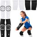 Sosation 2 Set Volleyball Knee Pads and Volleyball Arm Sleeves with Protection Pad Compression Forearm Wrist Guard with Thumb Hole Soft Breathable for Hitting Passing (Black, White)