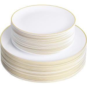 100PCS White Plastic Plates with Gold Rim, White Gold Disposable Plates for Party, Wedding, Include 50 Dinner Plates, 50 Dessert Plates for 50 Guests