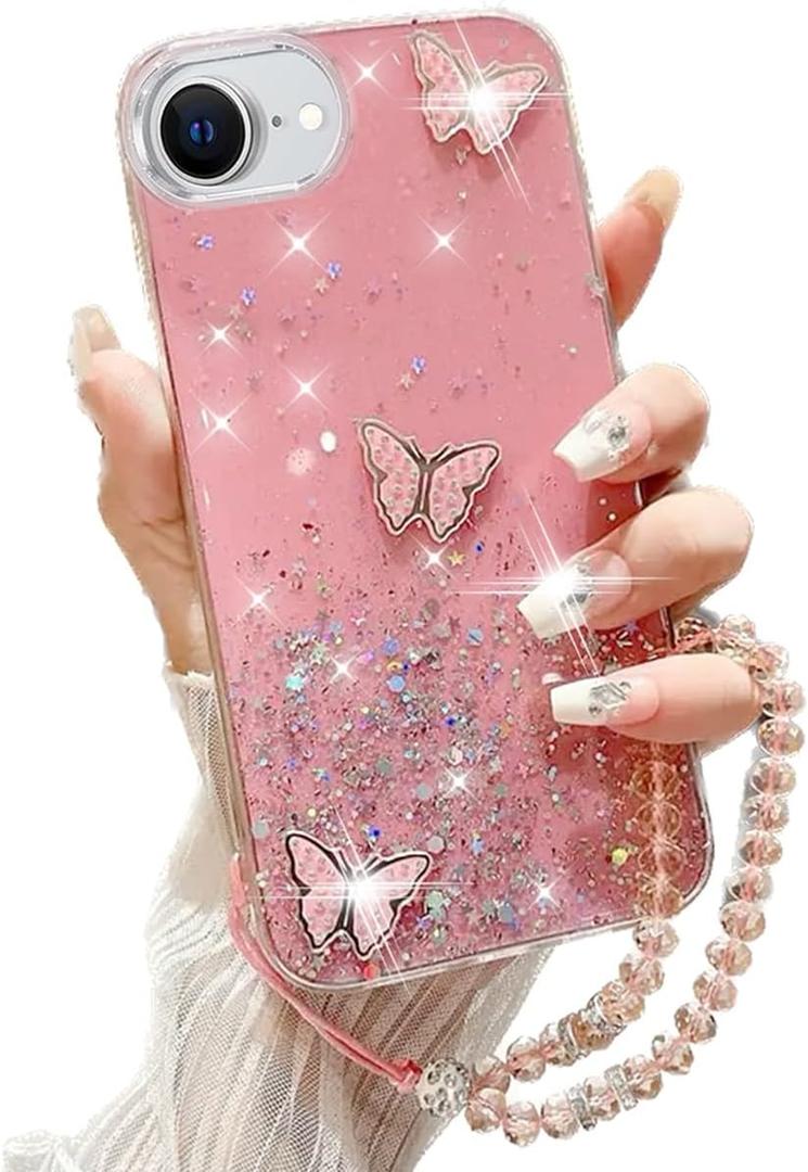 for iPhone 17e/16e Bling Case with Lanyard, Shockproof Cute 3D Butterfly Glitter Soft TPU Woman Girly Sparkle Shiny Phone Cover with Crystal Wrist Strap for iPhone 16/17e 6.1 inch (Pink)