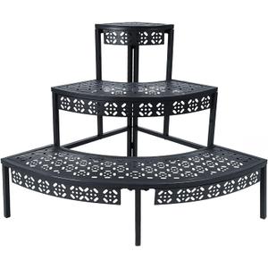 aboxoo 3 Tier Plant Stand Flower Pot Rack, Metal Stair-Step Style Corner Shelf Planters, Quarter Round Display Holder for Indoor Outdoor Use(Black, Semicircle)