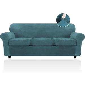 FestiCorp 4 Piece Velvet Sofa Covers for 3 Seat Cushion Couch Sofa Slipcovers, Stretch Couch Cover, Thick Furniture Protector for Dogs Pets, Sofa, Peacock Blue (Large)