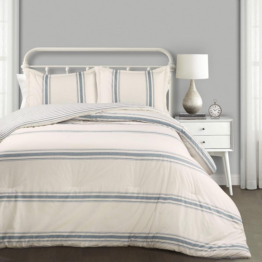 Lush Decor Farmhouse Stripe Reversible Cotton Comforter Set, 3 Piece Set, Full/ Queen, Blue - Cozy Frmhouse Bedding Set - Rustic Decor - Striped Comforter - Modern Farmhose Bedroom Decor