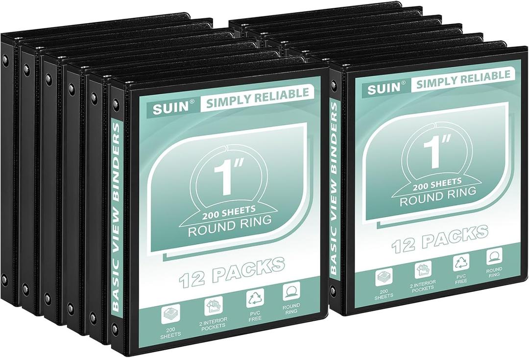 SUIN1-Inch 3-Ring-Binder, Customizable Clear View Cover, for US Letter Size 8-1/2 x 11'', Perfect for Office/School (Black - 12 Packs)