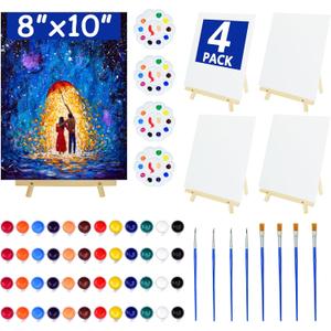 4 Pack 8x10 Inch Canvas and Easel Set, Sip and Paint Kit for Adults,Art Canvas Bulk with Easels Stands, Trays,Small Paint Brushes,12 Colors Mini Acrylic Paint Set for Couples and Party Supplies