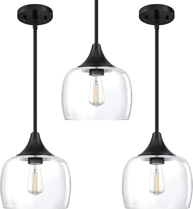 3 Pack 1 Light Hanging Indoor Kitchen Island Pendant Ceiling Light 8.2" Drum Clear Seeded Glass Shade Fixture,Black Finish Modern Farmhouse Dinning Over Sink Adjustable Rod