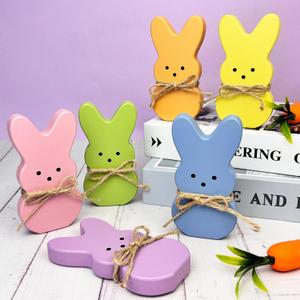 Easter Bunny Decorations Indoor for Home Table,6 PCS Spring Wooden Peeps Centerpiece Signs Decor with Hemp Rope for Office Tiered Tray,Easter Basket Stuffers Wood Gifts Stuff for Mantel Shelf Bathroom