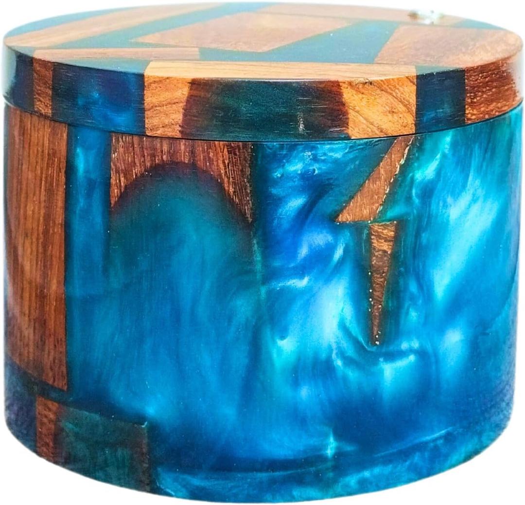 Resin Wooden Salt Box with Magnetic Swivel Lid - Handcrafted Namakdani - Rosewood Container for Celtic Salt, Spice, Pepper, Salt Herbs- Elegant Kitchen Accessory for Decorative Countertop(Blue Resin)