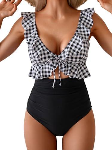 Eomenie One Piece Swimsuit for Women Tummy Control Ruffle Bathing Suit V Neck Ruched Swim Suit Slimming Cutout Swimwear, Size M