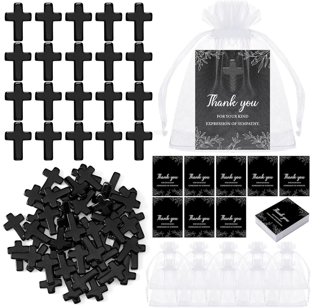LemonRoad 60 Sets Funeral Favors Celebration of Life Favors Cross Crystal Stones Bulk with Sympathy Thank You Cards Organza Bags for Funeral Guest Return Gifts (Black)