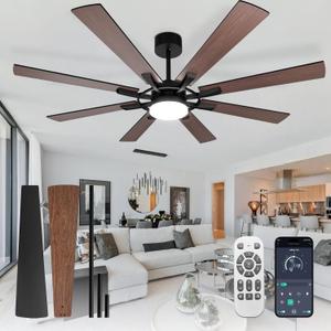Depuley 72-Inch Ceiling Fan with Light: Modern 8-Blade Walnut and Black Indoor Outdoor Fans with Remote App Control Dimmable Light - Ultra Quiet DC Motor Reversible 6 Speed Timer (72" with light & APP)