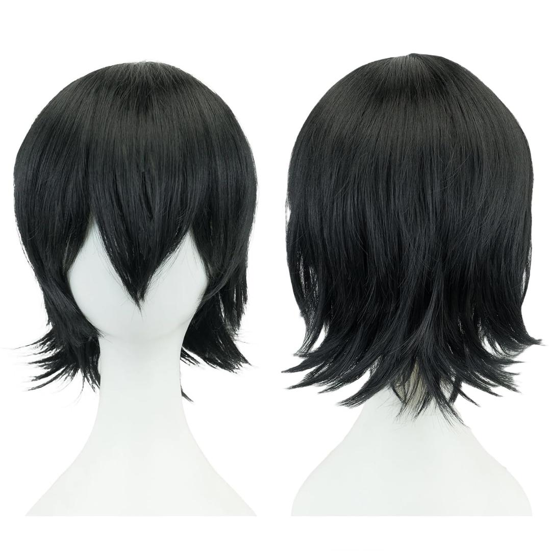 12 Inches Unisex Short Cosplay Hair Party BOB Wig with Bangs Halloween Costume Wigs (Black)