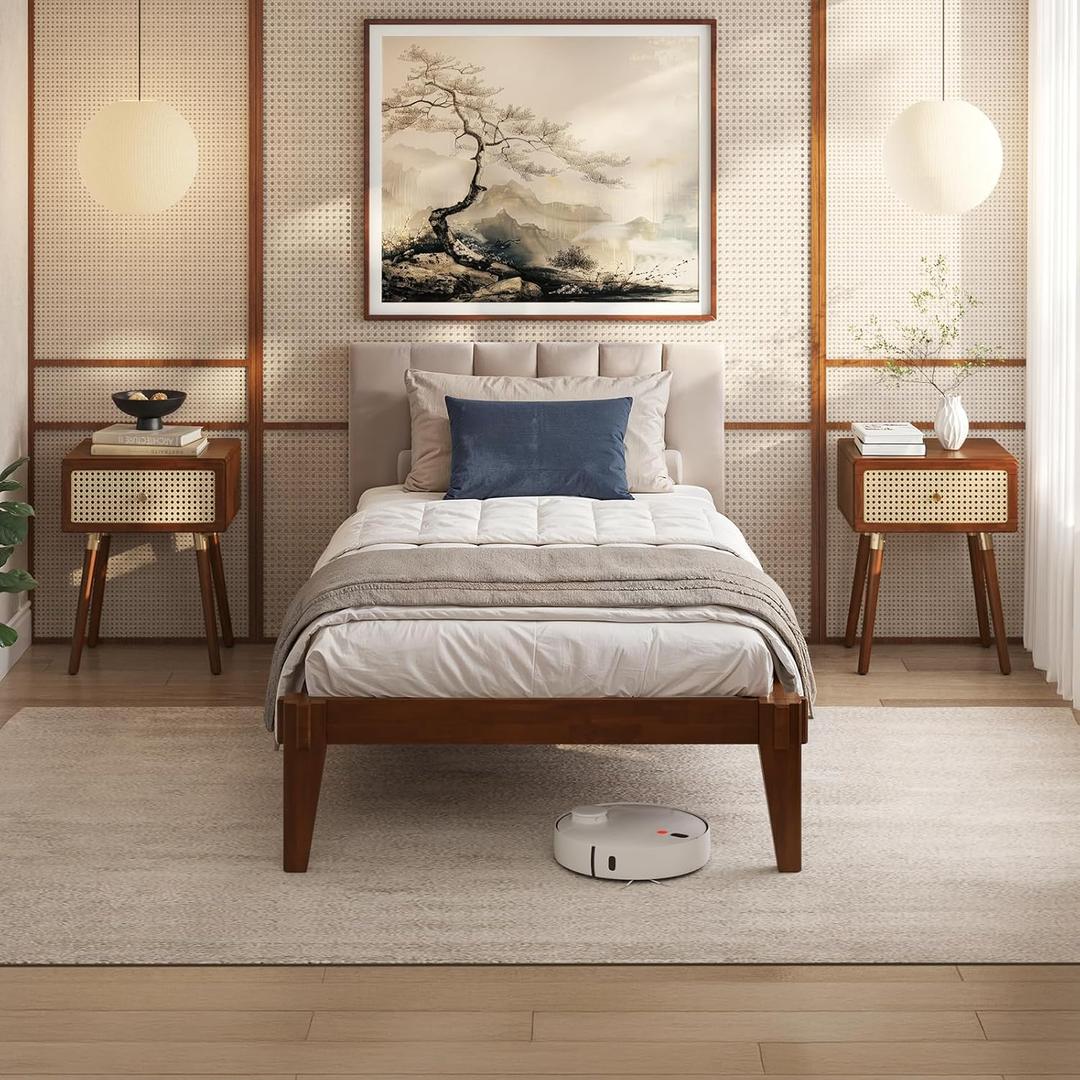Bme Chalipa 14 Inch Bed Frame Without Headboard, Modern Minimalist Style Solid Wood Bed Frame with 12 Strong Wood Slats Support, Easy Assembly, No Box Spring Needed, Walnut, Twin